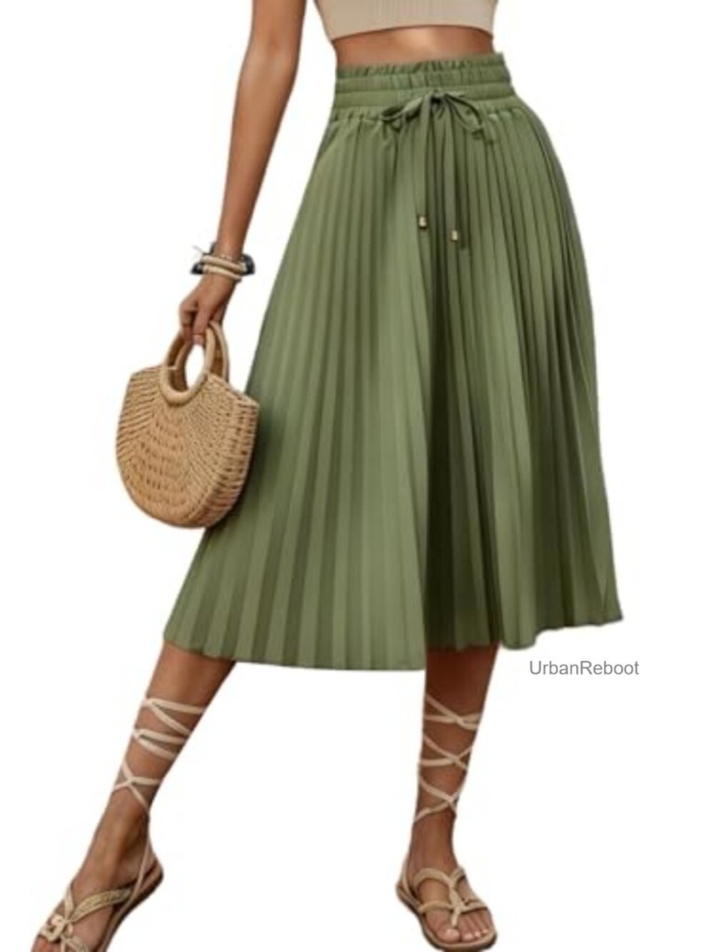 High Waist Pleated Midi Skirt A-Line Flowy Drawstring Satin